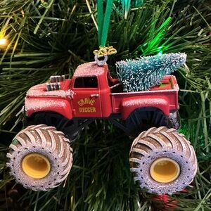 Grave Digger Original Red Pickup Monster Truck Holiday Ornament w/tree & snow